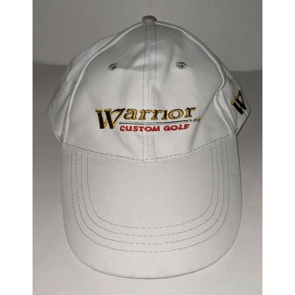 Warrior Custom Golf Hat Strapback Adjustable Cap White & Gold Advertising EUC